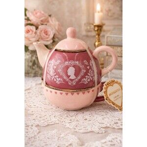 Bridgerton Stacking Teapot & Cup Set Pink Mauve Cameo NWT Small Chip